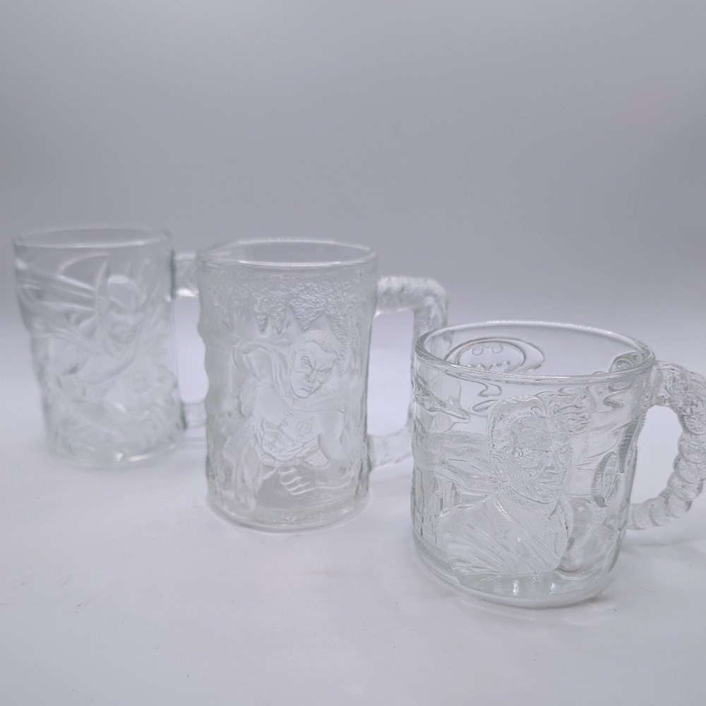 Vtg 1995 McDonalds Batman Forever Glass 3 Mugs Batman Robin TwoFace USA & France